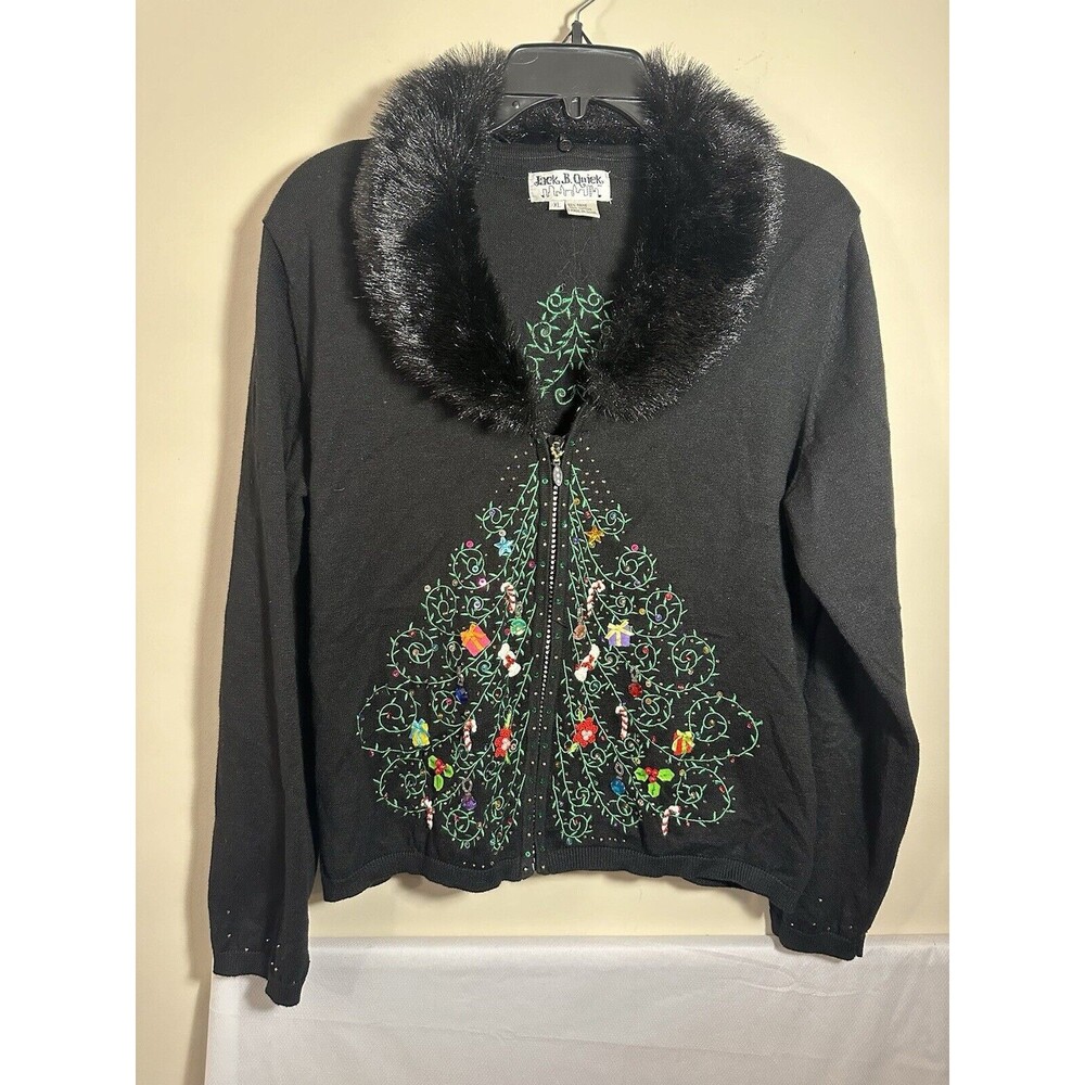Vintage Jack B. Quick Beaded Embellished Christmas Sweater, Faux Fur Collar,XL.